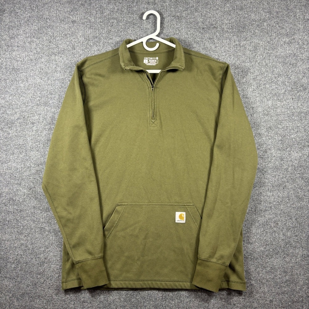 Carhartt Pullover Mens L Tall Olive Green Relaxed Fit 1/4 Zip Ribbed Knit Logo